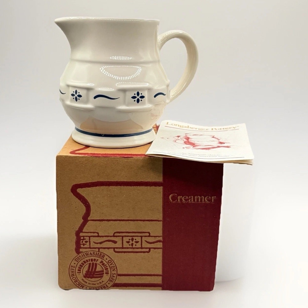 Vintage Longaberger Pottery Woven Traditions Classic Blue Creamer NOS